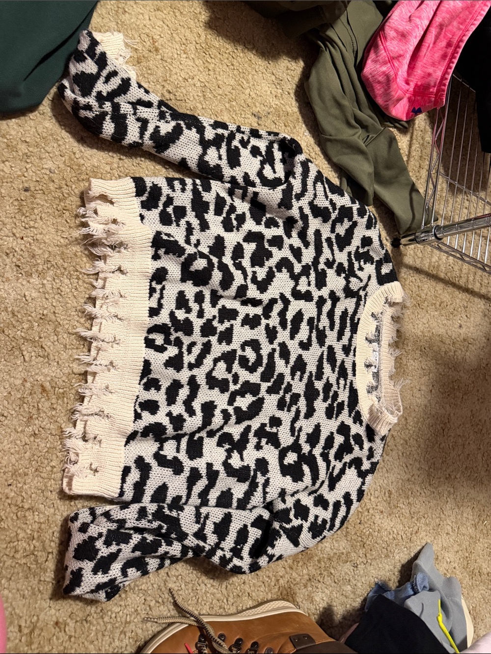 Fashion Nova Black & Cream Leopard-Print Distressed Crewneck Sweater
